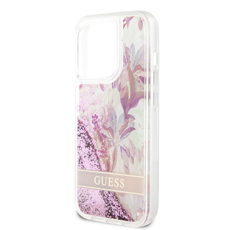 Guess HC Liquid Glitter Case with Flower Pattern  - Pink - iPhone 15 Pro Max