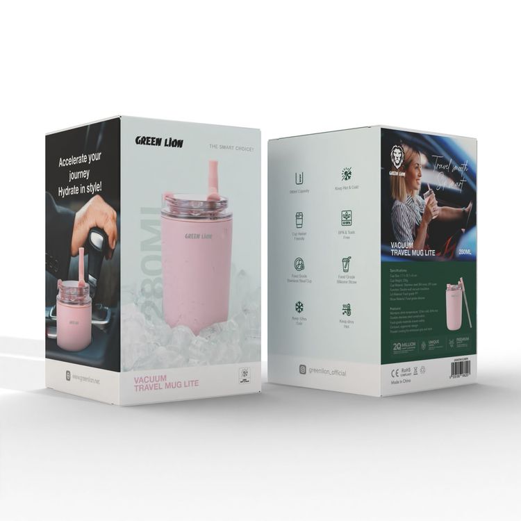 Green Lion Vacuum Travel Mug Lite, 280 mL Capacity, Keeping Hot for 6 Hours and Cold for 12 Hours, Food Grade Silicone Straw, Food Grade Stainless Steel Cup - Pink