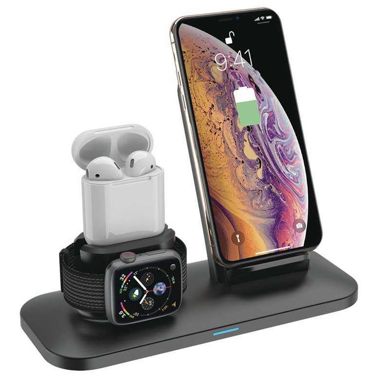 Porodo 3 in 1 Type-C Charging Station 7.5W/10W Compatible for iPhone / Apple Watch / AirPods - Qi Fast Wireless Charging Hub w/ Magnetic Watch Charger - Rubberized Surface - Black