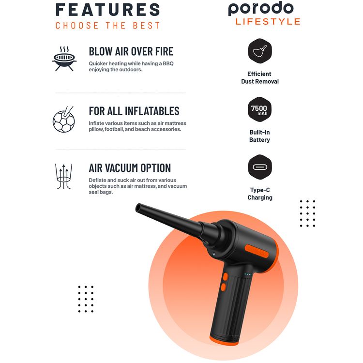 Porodo Handheld Air Duster with 6 Replaceable Nozzles, Up to 30 Minutes Working Time, Air Vacuum Function, 7500mAh Battery Capacity, 3 Speed Levels - Black