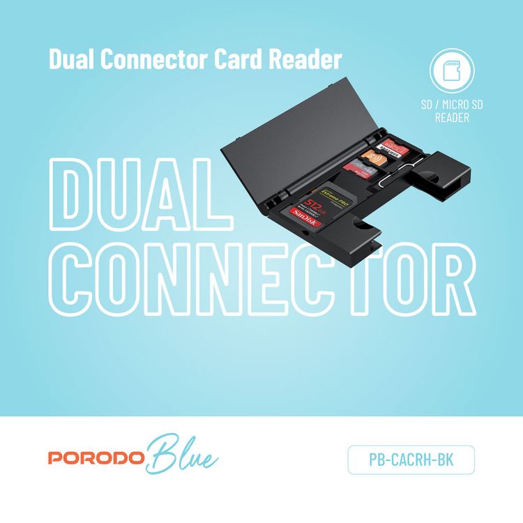 Porodo Blue 2-in-1 Card Reader with 5 Storage Slots, 5Gbps Data Transfer Speed, SD and Micro SD Card Slots, V3.0 USB and Type-C Connector, Compact and Portable - Black