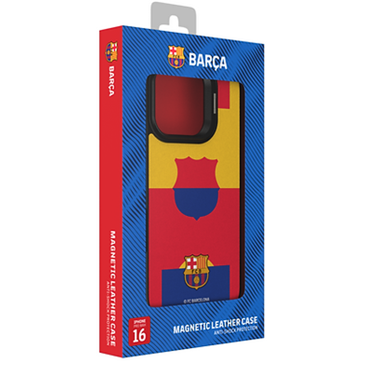 FC Barcelona Magnetic Case for iPhone 16 Pro Max with MagSafe Compatibility, Built-in Stand, Premium Synthetic Leather Material, Neodymium Magnet, Anti-Shock Protection, Handcraft Made - Multicolor Field