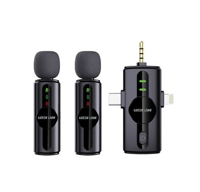 Green Lion GM-80X Microphone with 3-Level Noise Cancellation, 5 Hours Working Time, Less than 30 Milliseconds Latency, Dual Microphones, Type-C, AUX & Lightning Connectors - Black