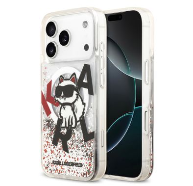 Karl Lagerfeld MagSafe Liquid Glitter Case with Scattered Choupette Logo for iPhone 17 Pro, Slim Profile, Drop Protection, Easy Snap-On, Sustainable Packaging, Comfortable Grip, Lightweight Design - White