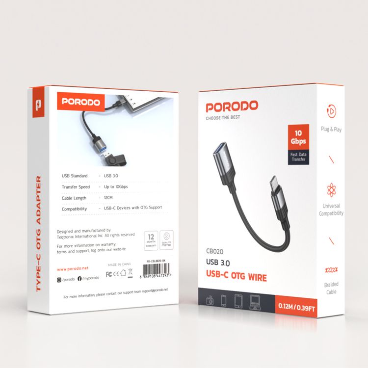 سلك Porodo USB C OTG، بطول 12 سم، كابل مضفر، USB 3.0 USB قياسي، متوافق عالميًا - أسود