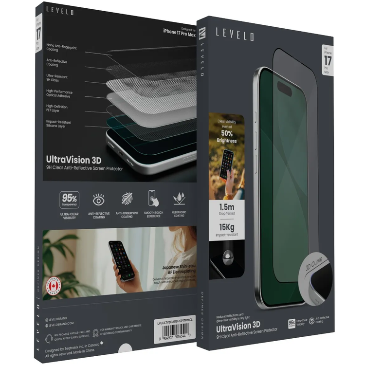 Levelo Ultra Vision 3D Privacy Screen Protector for iPhone 17 Pro Max, 9H Hardness, Oleophobic Coating, Anti-Glare, Anti-Fingerprint, Anti-Reflective Coating, High-Definition PET Layer, Impact-Resistant Silicone Layer - Clear with Black Edge
