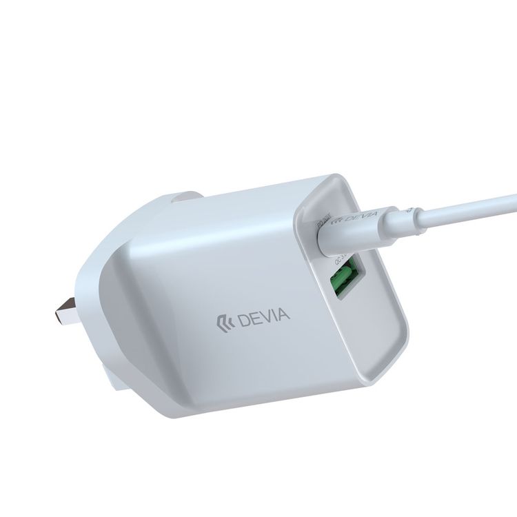 Devia Smart Series PD & QC Quick Charger UK 20W with Type-C to Lightning Cable 1M + USB to Type-C Cable 1M - White