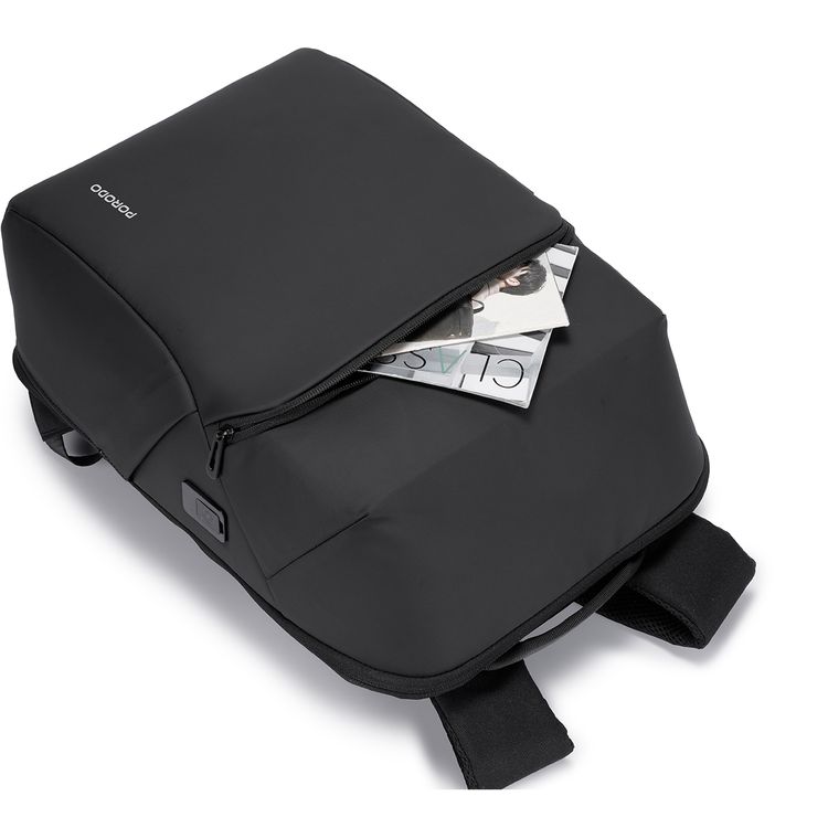 Porodo Lifestyle Water-Resistant PU Backpack with Trolley Sleeve Design, Space-Saving Compression, Dual Padded Laptop Slots, Type-C Charging Port - Black 