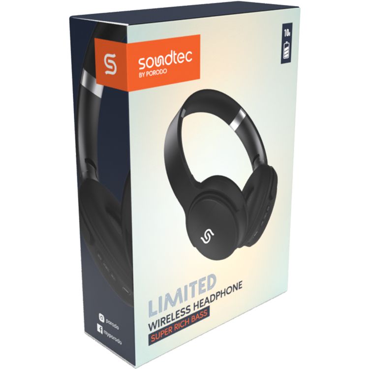 Porodo Soundtec Limited Wireless Headphones with AUX & Bluetooth Connections, Built-in Micro SD Slot & Microphone, Up to 10 Hours Working Time, 250mAh Battery Capacity, Control Buttons, Two-Device Connection - Black