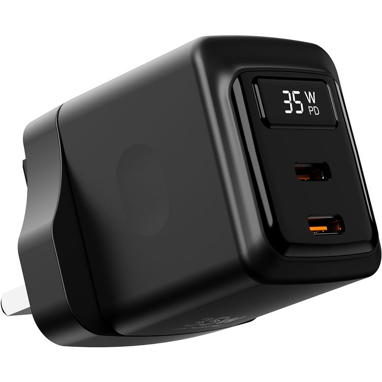 Porodo GaN Wall Charger with USB-C to USB-C Cable, Dual USB-C Ports, 35W Power Delivery, Built-in Safeguards, Fast Charge Support, Multiple Device Charging, Digital Display - Black