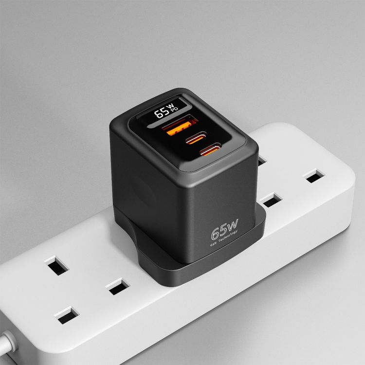 Porodo GaN Wall Charger with Single USB-A & Dual USB-C Ports, 65W Power Delivery, Built-in Safeguards, Fast Charge Support, Multiple Device Charging, Digital Display - Black