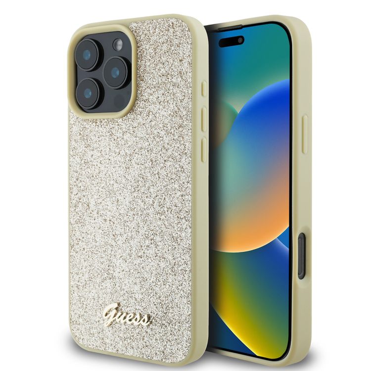 Guess Fixed Glitter Hard Case with Script Metal Logo for iPhone 16 Pro Max, Slim Profile, Drop Protection, Easy Snap-On, High-Quality Material, Extra Shield Protection - Gold
