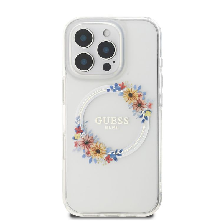 Guess Magsafe IML Hard Case with Flower Wreath Design for iPhone 16 Pro Max, Lightweight, Comfortable and Secure Grip, High Quality Material - Transparent