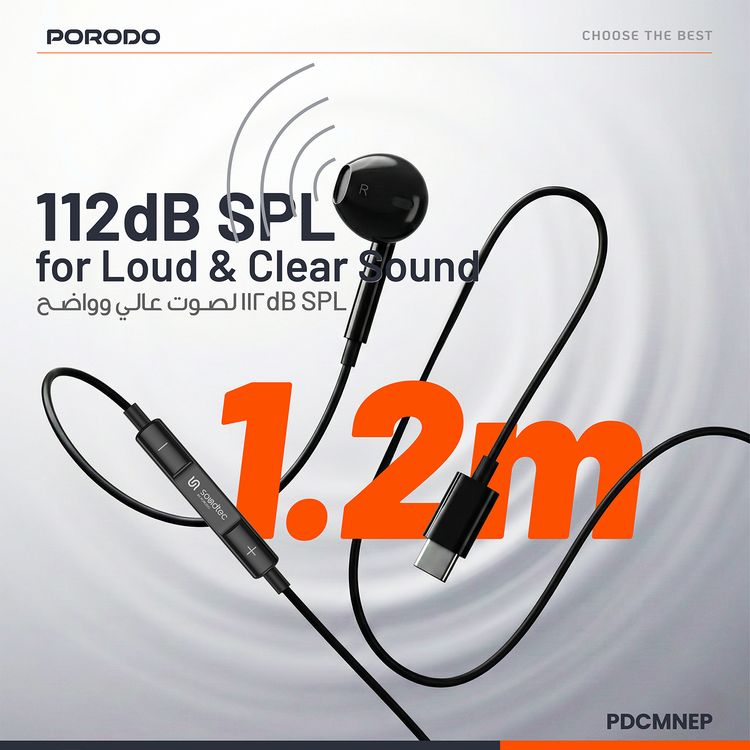 Porodo Soundtec Mono Earphone with Type-C Connector, 3-Button Controls, High-Clarity Microphone, 120 cm Cable Length - White