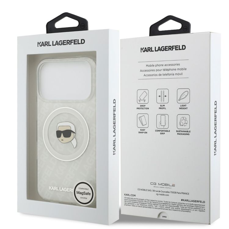 غطاء Karl Lagerfeld MagSafe IML Glitter & KL Repeated مع رأس كارل لجهاز iPhone 17 Pro، ذو تصميم نحيف، حماية من السقوط، سهل التركيب، تعبئة مستدامة، قبضة مريحة، تصميم خفيف الوزن - أبيض