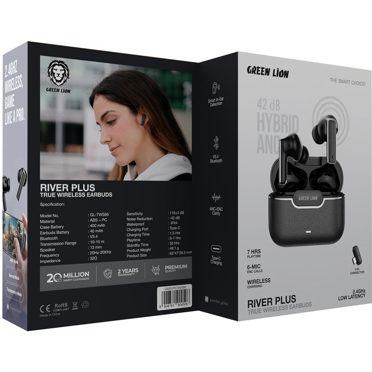 Green Lion River Plus True Wireless Earbuds with ANC + ENC Clarity, 2.4G Connector Included, Up to 7 Hours of Playtime, Smart in-Ear Detection, Bluetooth Version 5.4, -42dB Noise Reduction, 35 Hours Standby Time - Black