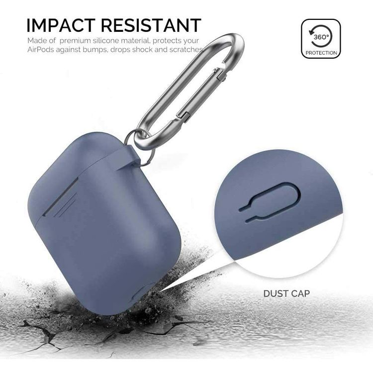 AhaStyle Keychain Silicone Case with Anti-Lost Ring for AirPods 1/2 Generation, Drop Resistant, Dustproof and Absorbing Protective Cover with Hang Case Navy Blue