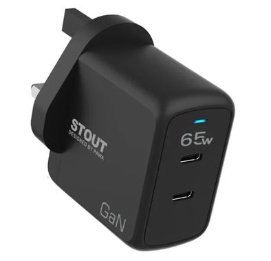 Pawa Stout Gan Travel Charger With Dual PD port, Type-C to Lightning, Type-C to C (35W,45W,65W) - Black