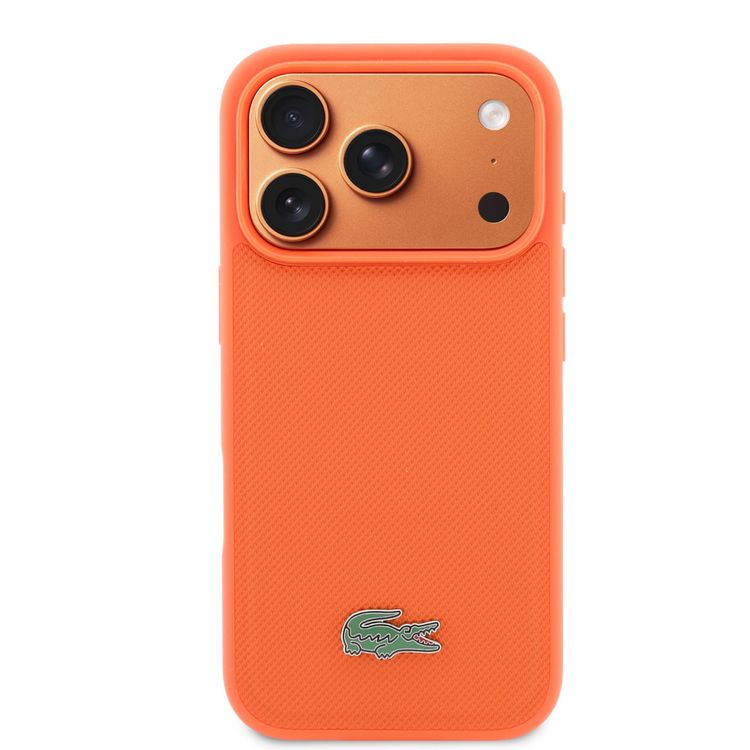 Lacoste Magsafe PU Leather Hard Case with Iconic Petit Pique Logo for iPhone 17 Pro, Slim Profile, Easy Snap-On, Comfortable Grip - Orange