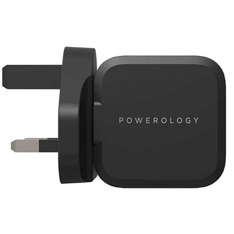 Powerology Ultra-Compact GaN Charger with 20W Power Delivery, UK 3-Pin Plug, Built-in Safeguards, USB-C Fast Charging, 0%-60% Charge in 35 Minutes - Black