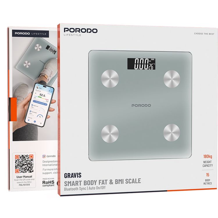 Porodo Gravis Smart Body Fat & BMI Scale with Digital Display, kg & lb Units, Automatic Shut-On/Off, 15 Body Metrics, Tempered Safety Glass, 3-180kg Weighing Range - White