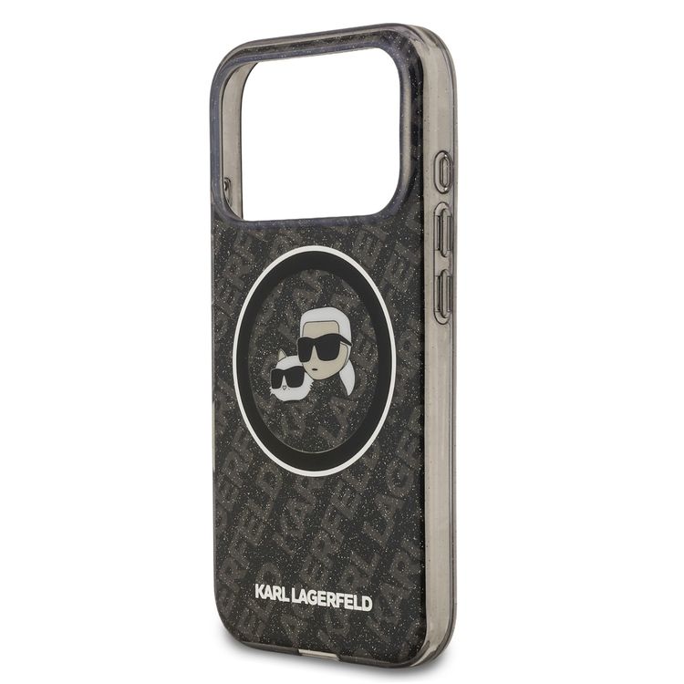 Karl Lagerfeld MagSafe IML Glitter & KL Repeated Case with Karl & Choupette for iPhone 17 Pro Max, Slim Profile, Drop Protection, Easy Snap-On, Sustainable Packaging, Comfortable Grip, Lightweight Design - Black