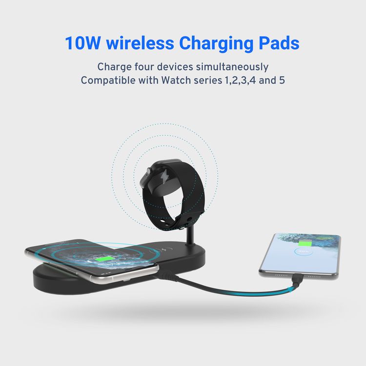Powerology Portable 4-in-1 Fast Charging Power Dock with 49W Total Output, 60W UK 3-Pin Adapter Included, PowerDash 3.0, Apple Watch Series 1-5 Compatibility - Black