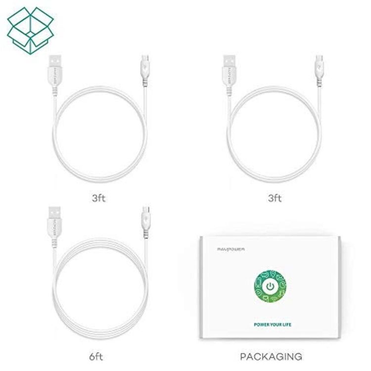 RAVPower 3 Pack Micro USB Cable 2X3ft + 1X6ft (Online Packaging ) (RP-LC012-WH(OP) - White