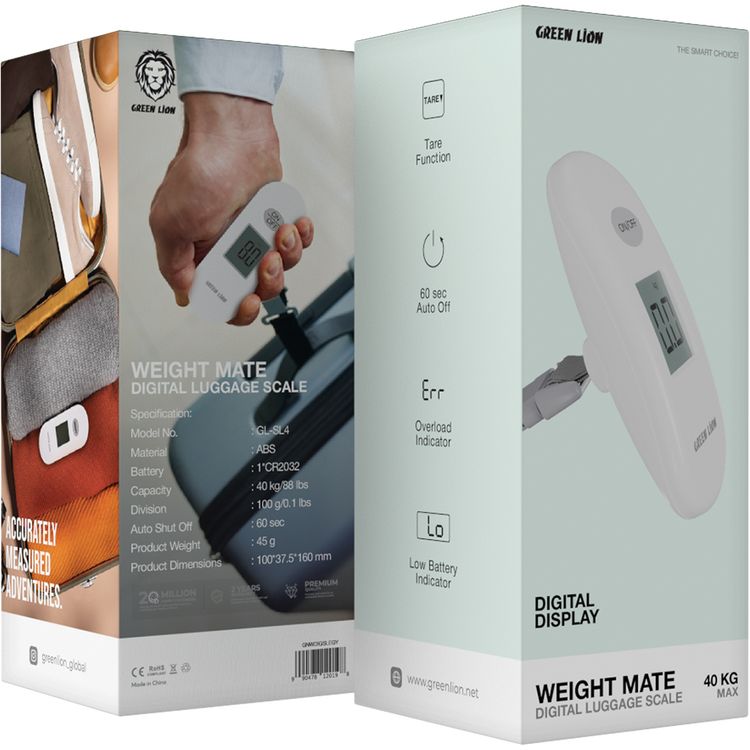 Green Lion Weight Mate Digital Luggage Scale with Overload & Low Battery Indicator, 60s Auto Shut Off, Tare Function, Digital Display, 40kg Capacity & 100g Division - Gray
