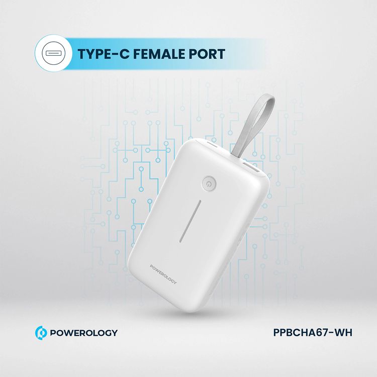 Powerology 20000mAh Power Bank with Detachable USB-C Wire, 30W Power Delivery, 3-Device Charging, Long Time Standby, Universal Phone Compatibility, Built-in Safeguards - White