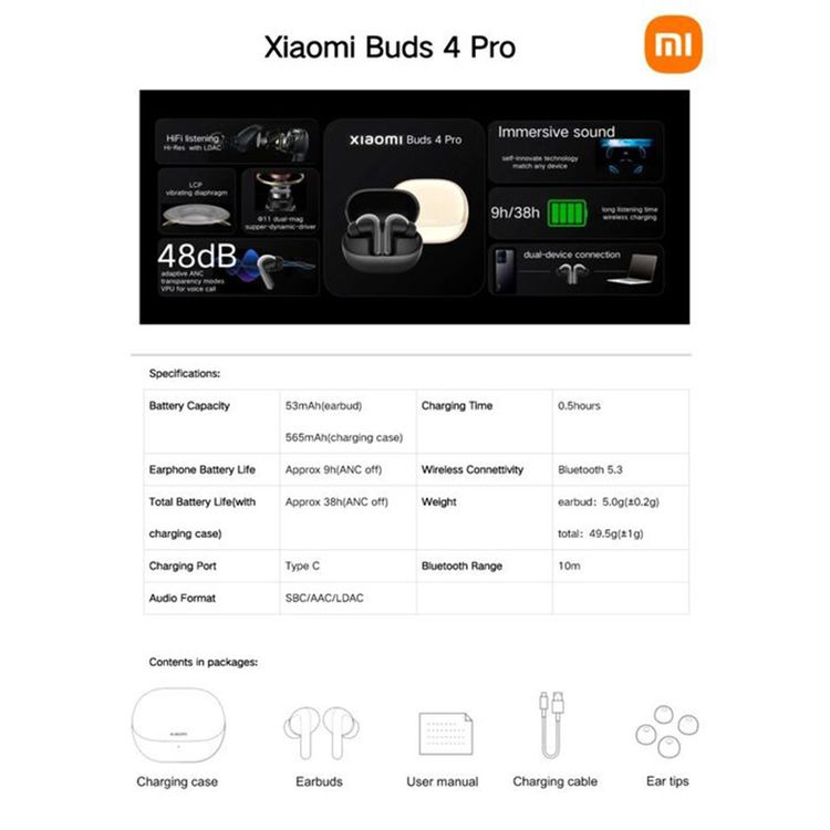 Xiaomi Bluetooth Buds 4 Pro Earbuds, Crystal-Clear Calls, 10 m Bluetooth Range, 6 Hours Battery Life, Ultra Noise Reduction for Clear Calls, Built-in Immersive Sound - Space Black