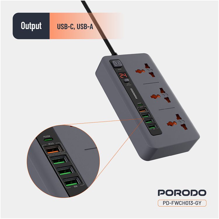 مجموعة بورودو المتكاملة للمنافذ المتعددة في المنزل والمكتب مع 4 منافذ USB-A و USB-C، بطول كابل 2 متر، حماية مدمجة، حماية من الحرارة الزائدة، شاشة LED - رمادي