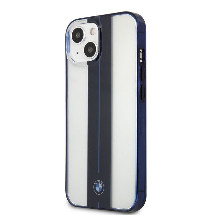 CG MOBILE BMW PC Transparent Hard Case with Navy Middle Stripe & Light Blue Line with Navy Edges Compatible for iPhone 13 (6.1")