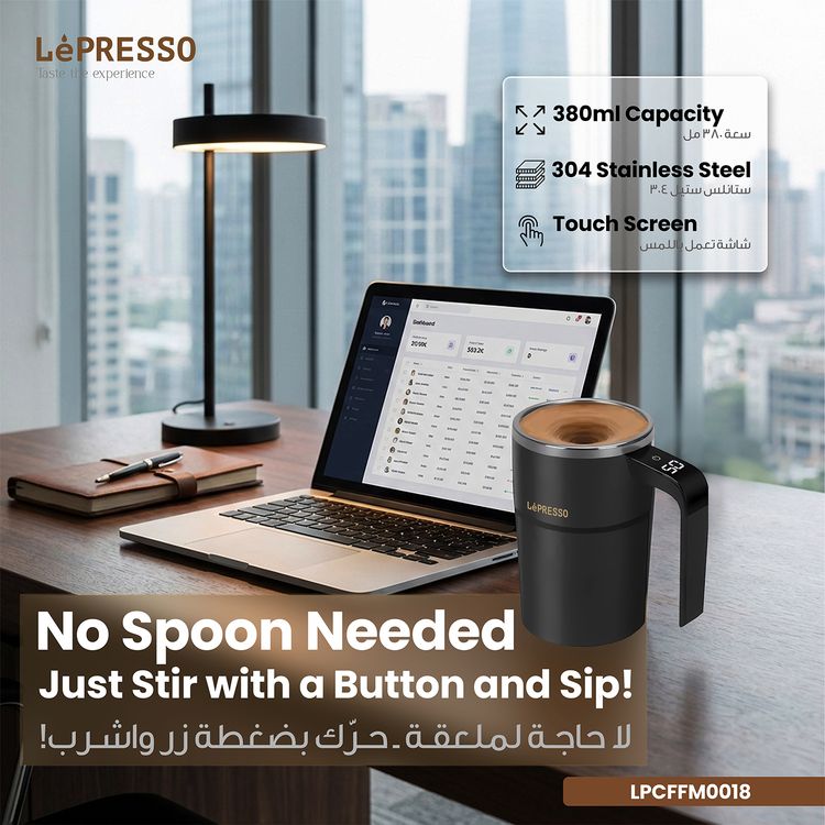 LePresso Auto Magnetic Stirring Cup with Touch Control, Stainless Steel, Patented Design, Temperature Display, Detachable Magnetic Rod - Black