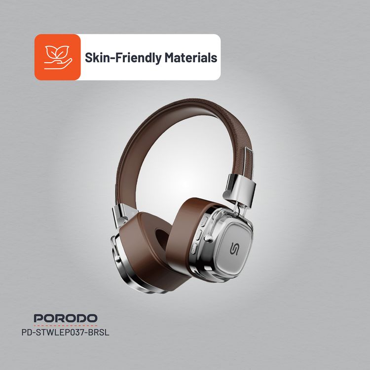 Porodo Soundtec Vintage Wireless ENC Headphones, Up to 12 Hours Battery Life, 10m Transmission Distance, 350mAh Battery Capacity, 2 Hours Recharge Time - Brown/Silver