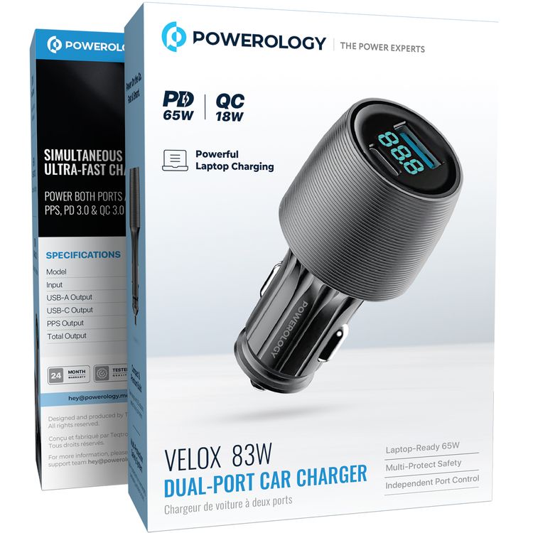 Powerology Velox 83W Dual-Port Car Charger with Ultra-Fast Charging, 83W Total Output, Powerful Laptop Charging, Multi-Protection Safety System - Black