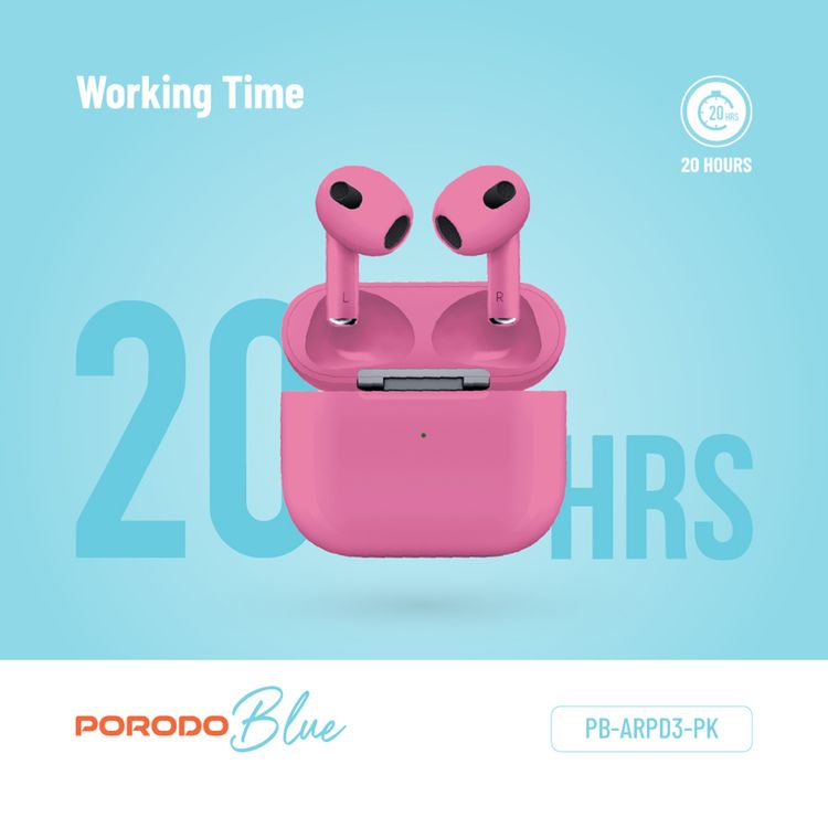 Porodo Blue Deep Bass Wireless Earbuds 3, 20 Hours Working Time, Type-C Charging Port, Environmental Noise Cancellation, Independent Earbuds, Touch Control - Pink