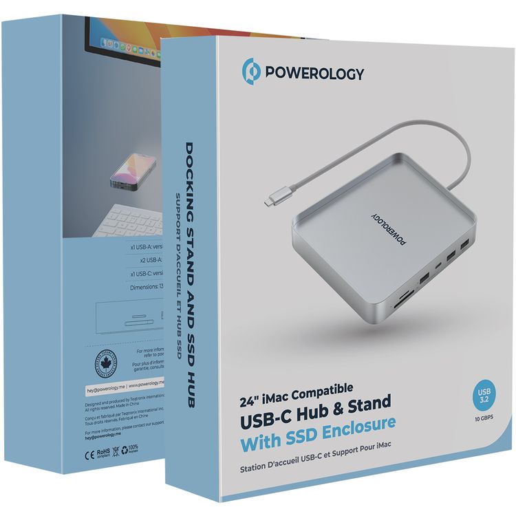 Powerology USB-C Hub & Stand for iMac 24", SSD Enclosure, NVMe & SATA Support, Non-Slip Base, USB-A 3.2 with 10Gbps Data Transfer, 150Mbps microSD Slot - Gray