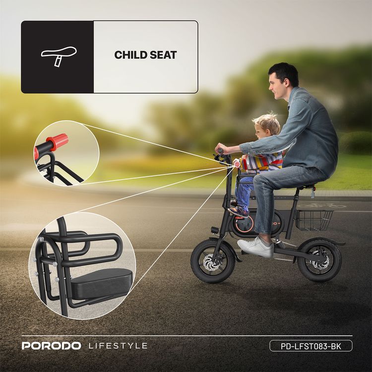 Porodo Lifestyle Folding Urban Electric Bike with 120kg Load Capacity, 14" Wheels, Pedal Assist System, 25km Max Distance, 15° Incline, Front and Rear Brakes - Black