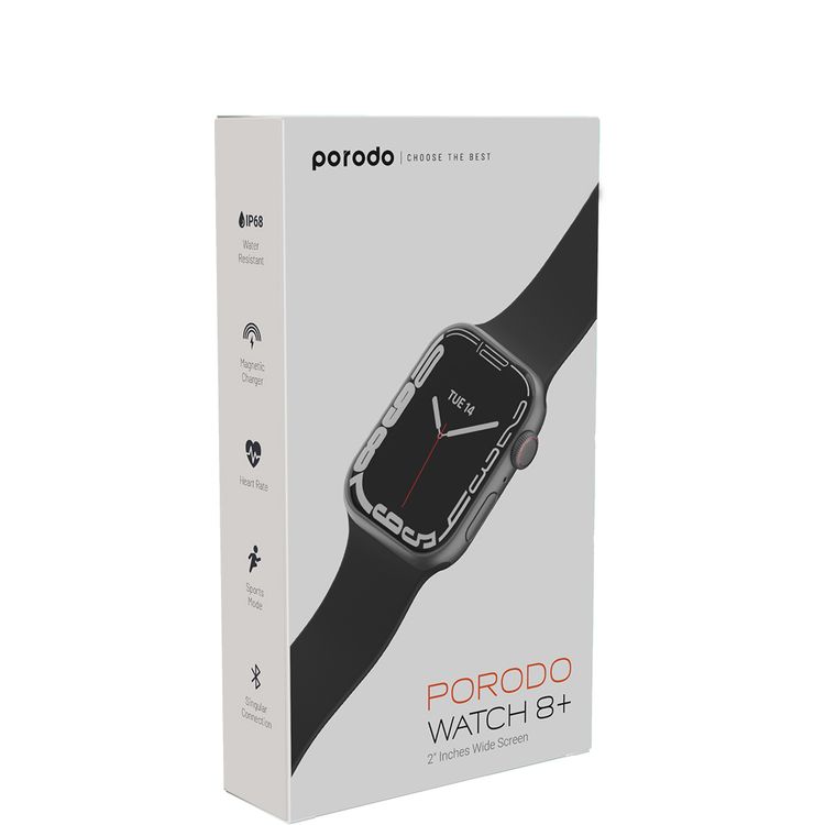 Porodo Smart Watch Series 8+ with Fitness & Activity Tracker, 2" Wide Display, 250mAh Battery Capacity, IP68, 2-3 Days Working Time, Wireless Charging - Grey