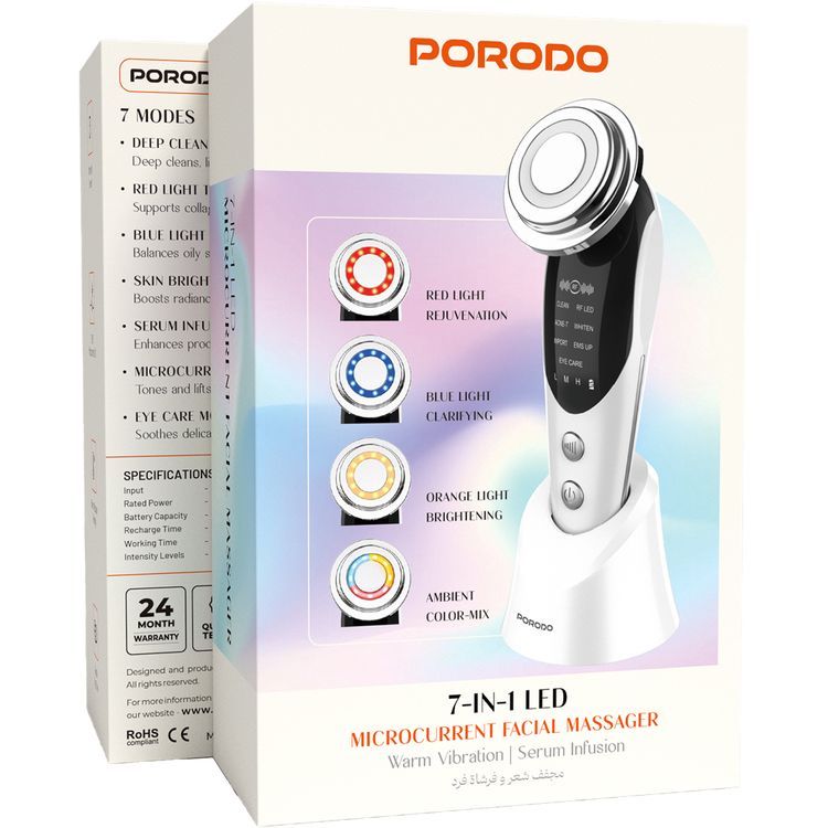 Porodo 7-in-1 LED Microcurrent Facial Massager with 3 Intensity Levels, Up to 70 Minutes Working Time, 10000RPM Vibration Frequency, USB-C Charging Port, Red, Blue, Orange & Color-Mix LED Light Colors, 3W Rated Power - White