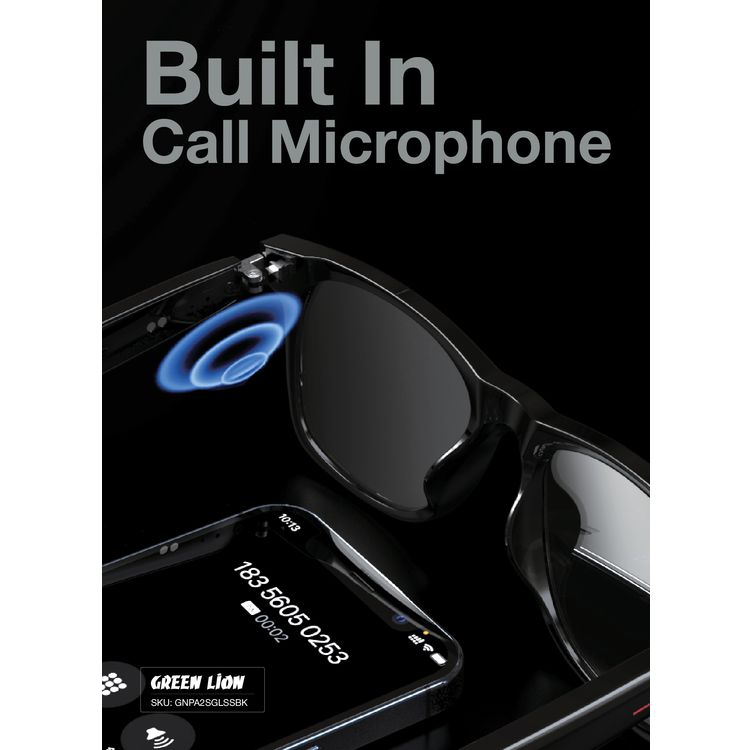 Green Lion Paris 2 Smart Glass with 4-6 Hours Working Time, Bluetooth Version 5.3, 80mAh Battery Capacity, 15m Bluetooth Range, 180 Hours Standby Time, Magnetic Charger, 1.5 Hours Charging Time, Built-in Microphone, UVA & UVB Protection, Touch Control - Black