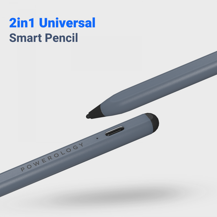 Powerology 2 in 1 Smart Pencil, 2mm Pen Tip, 2018 and Above iPad Compatible, Universal and Palm Rejection Mode, 1h Charging Time, 8h Working Time - Gray