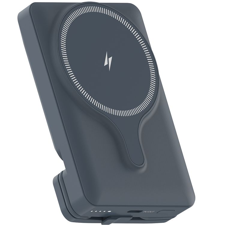 Powerology Car Mount 5000mAh Power Bank with Magnetic Wireless Charger, MagSafe Charging, PD 20W Fast Charge, Folding Air-Vent Clip, LED Indicator, Built-In Type-C Cable, Lightweight & Portable - Gray 