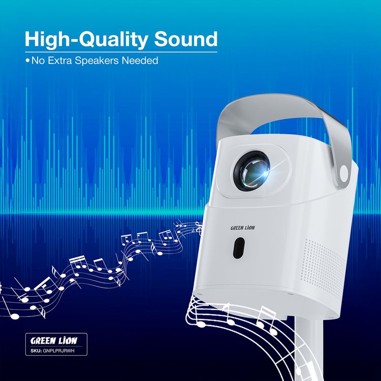 Green Lion Pluto 4K Portable Projector with High Quality Sound, Remote Control, ABS & PC Material, UK Power Plug, 30000+ Hours LED Lifespan, Wireless Screen Mirroring, Auto Keystone Correction, 8GB Storage, 90° Rotation, HDMI, USB, Wi-Fi and 5.0 Bluetooth Version Connectivity - White