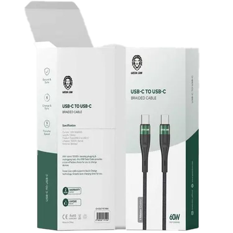 Green Lion USB-C to Type-C Charging Cable, PD 60W, 5Gbps Transfer Speed, Secure & Safe, 1M Cable Length - Black