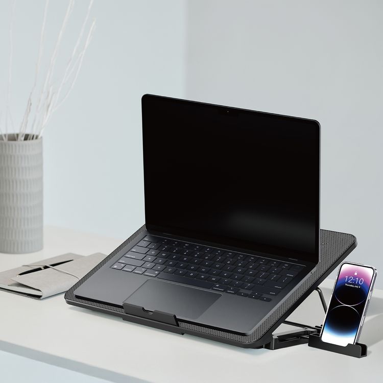 Porodo Gaming 8-Fan Ergonomic Laptop Cooling Stand with Built-in Phone Slot, Dual USB-A Ports, Compatible with Up to 16" Laptops, Anti-Slip Stability, 7 Tilt Angles - Black