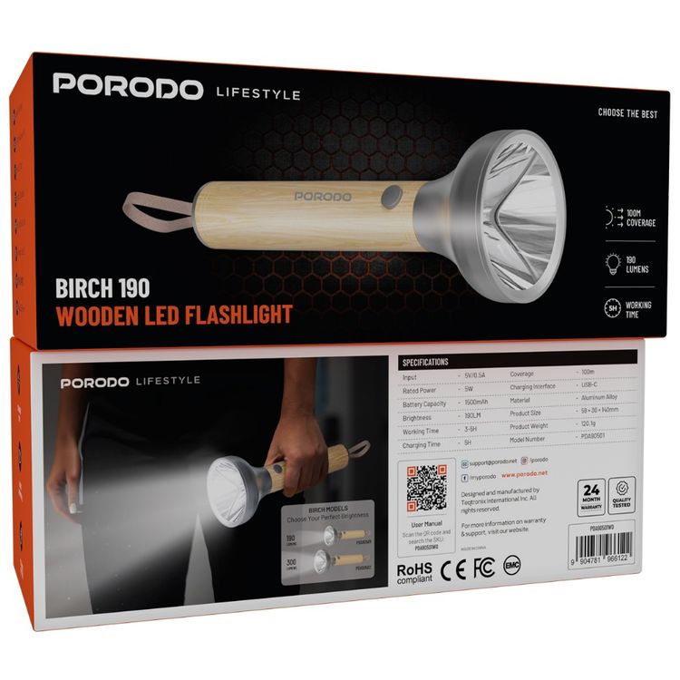 Porodo Birch 190 Wooden LED Flashlight with 190 Lumens Brightness, 100m Coverage, 1500mAh Battery Capacity, 5 Hours Charging Time, USB-C Charging Interface, 3-5 Hours Working Time, Multiple Mode Operation - Wooden