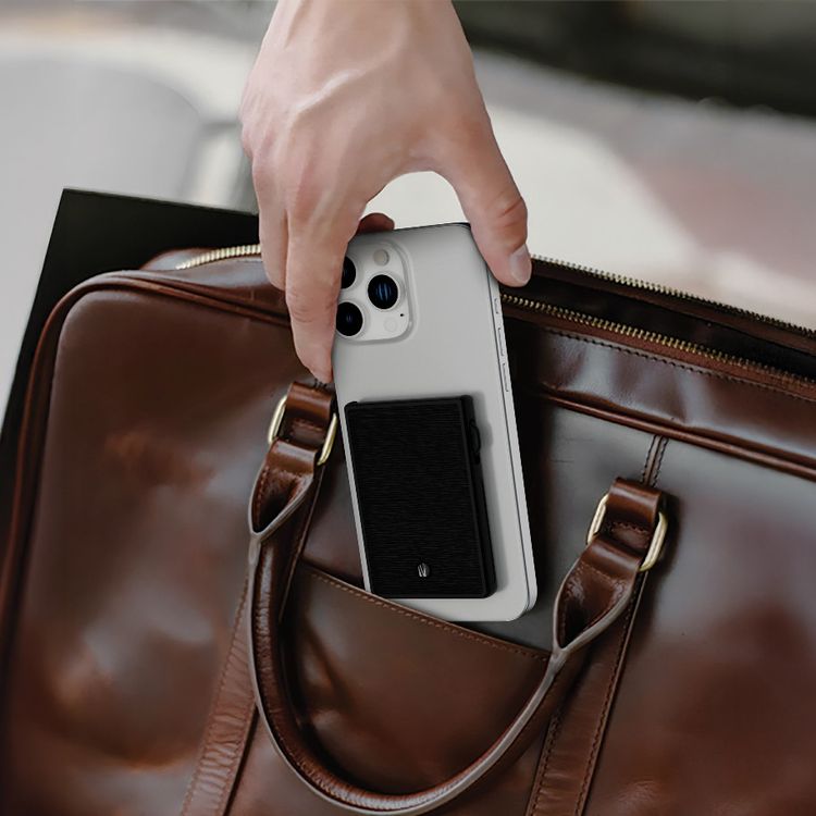 Levelo Lusso MagSafe Card Holder with Strong MagSafe Magnet, Saffiano PU Leather, 3 Card Slots, Card Pop-up Button - Black