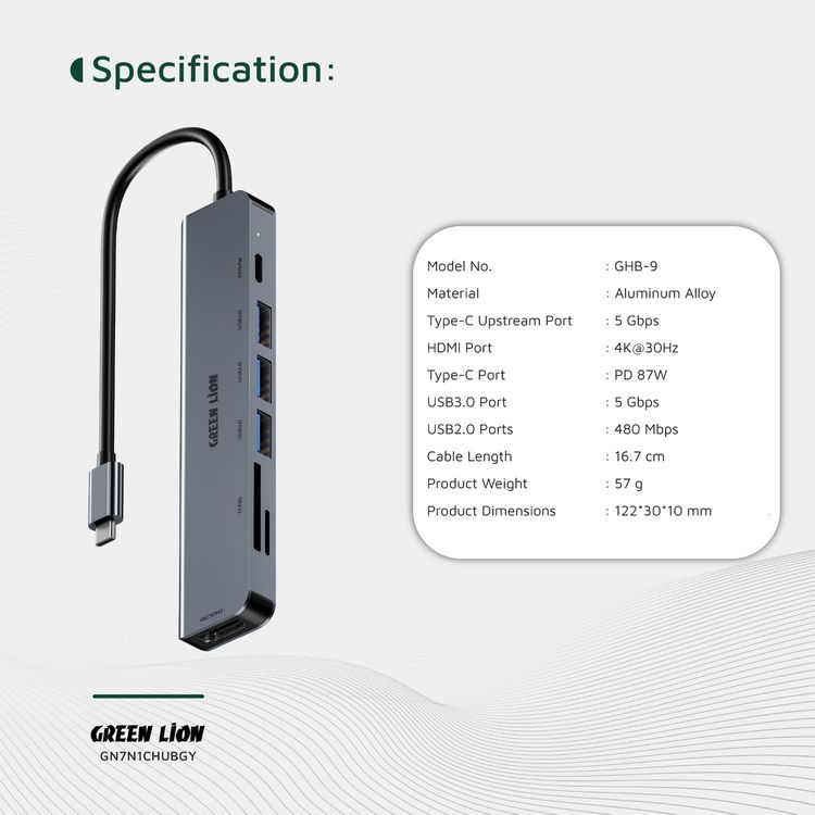 Green Lion 7-in-1 USB-C Hub with 3× USB-A, HDMI, TF/SD Card & USB-C Ports, Aluminum Alloy Material, 4K@30Hz Resolution, 5 Gbps Data Transfer, 16.7cm Cable Length - Gray